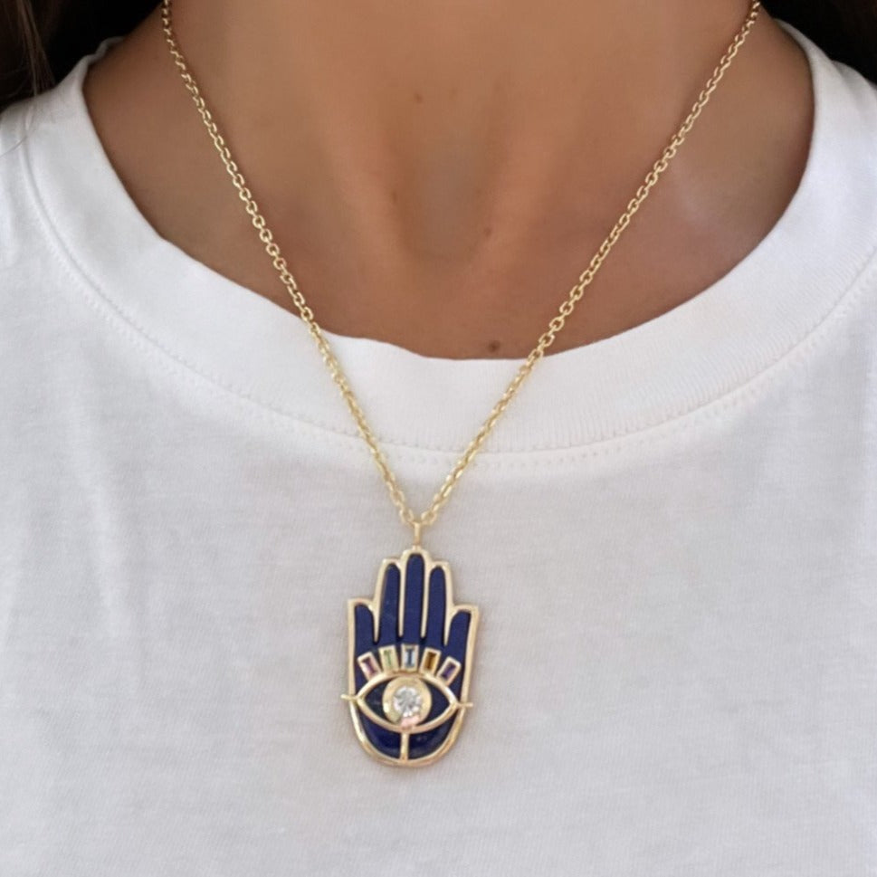 Stone Hamsa Pendant with Diamond Eye and Multi Stone Lashes