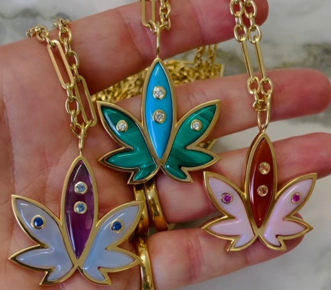 Brent Neale x Edie Parker: Carved Blue Chalcedony & Amethyst Cannabis Pendant