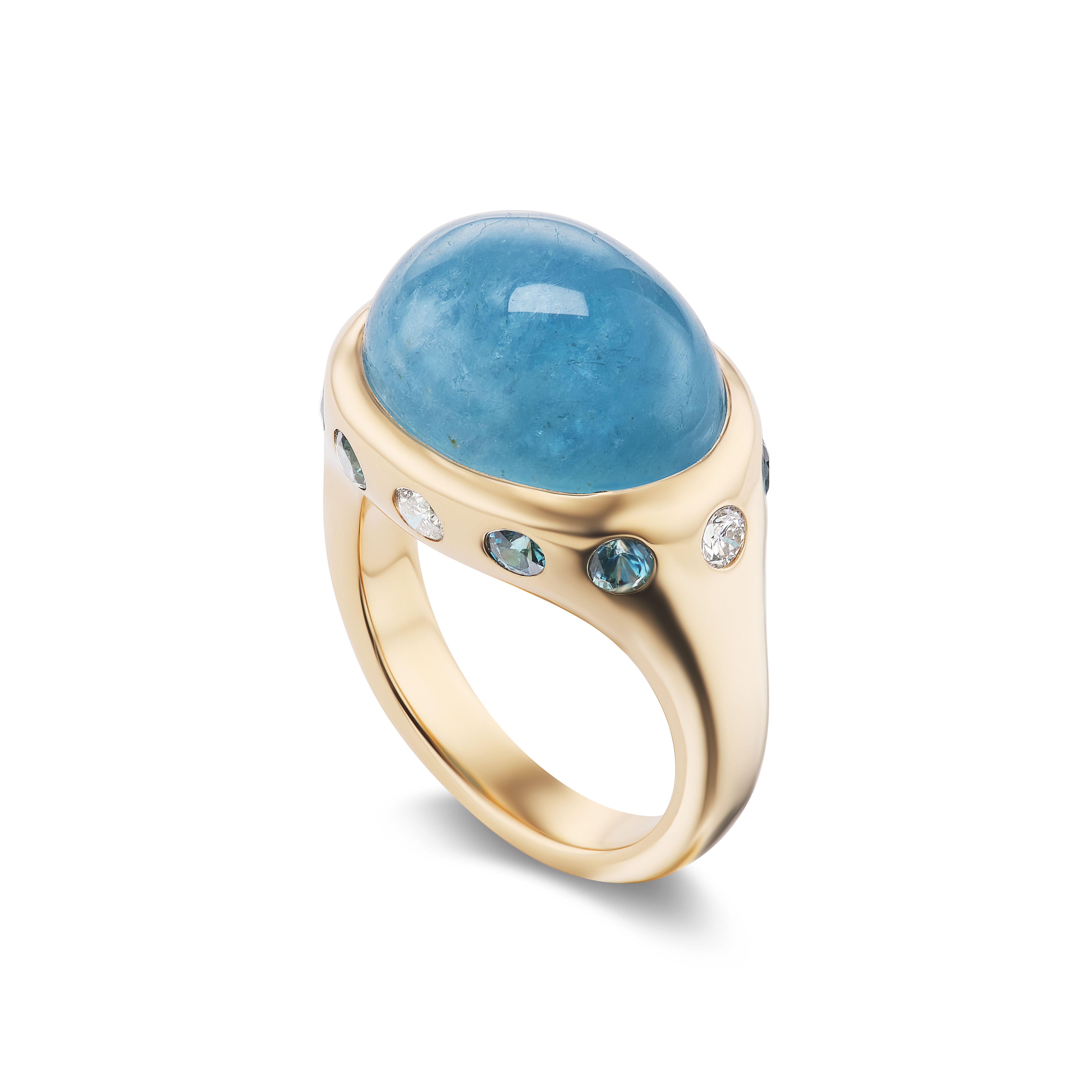 One-of-a-Kind Aquamarine Crown Ring with Round Diamonds and Teal Sapphires