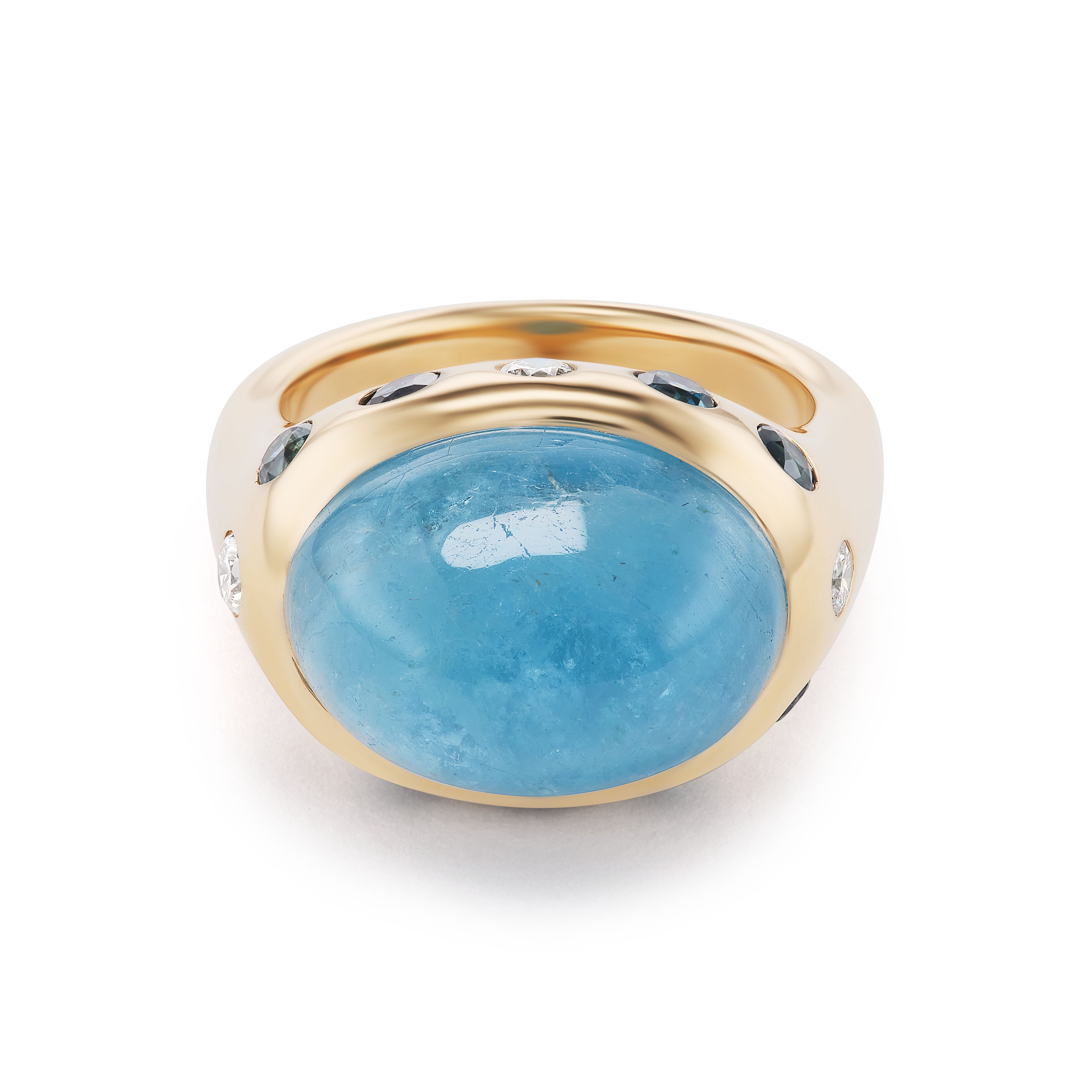 One-of-a-Kind Aquamarine Crown Ring with Round Diamonds and Teal Sapphires
