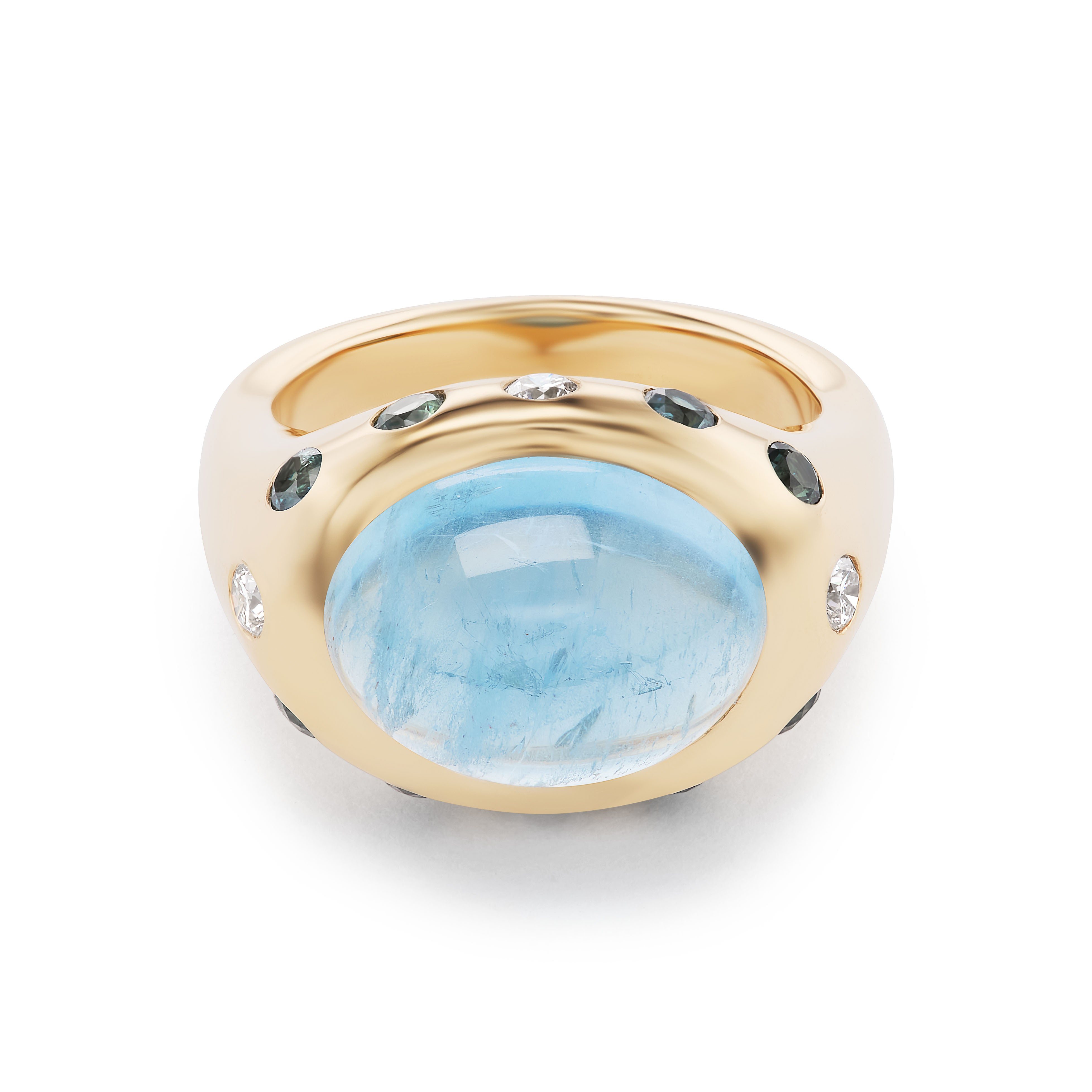 One-of-a-Kind Aquamarine Crown Ring with Round Diamonds and Light Blue Sapphires