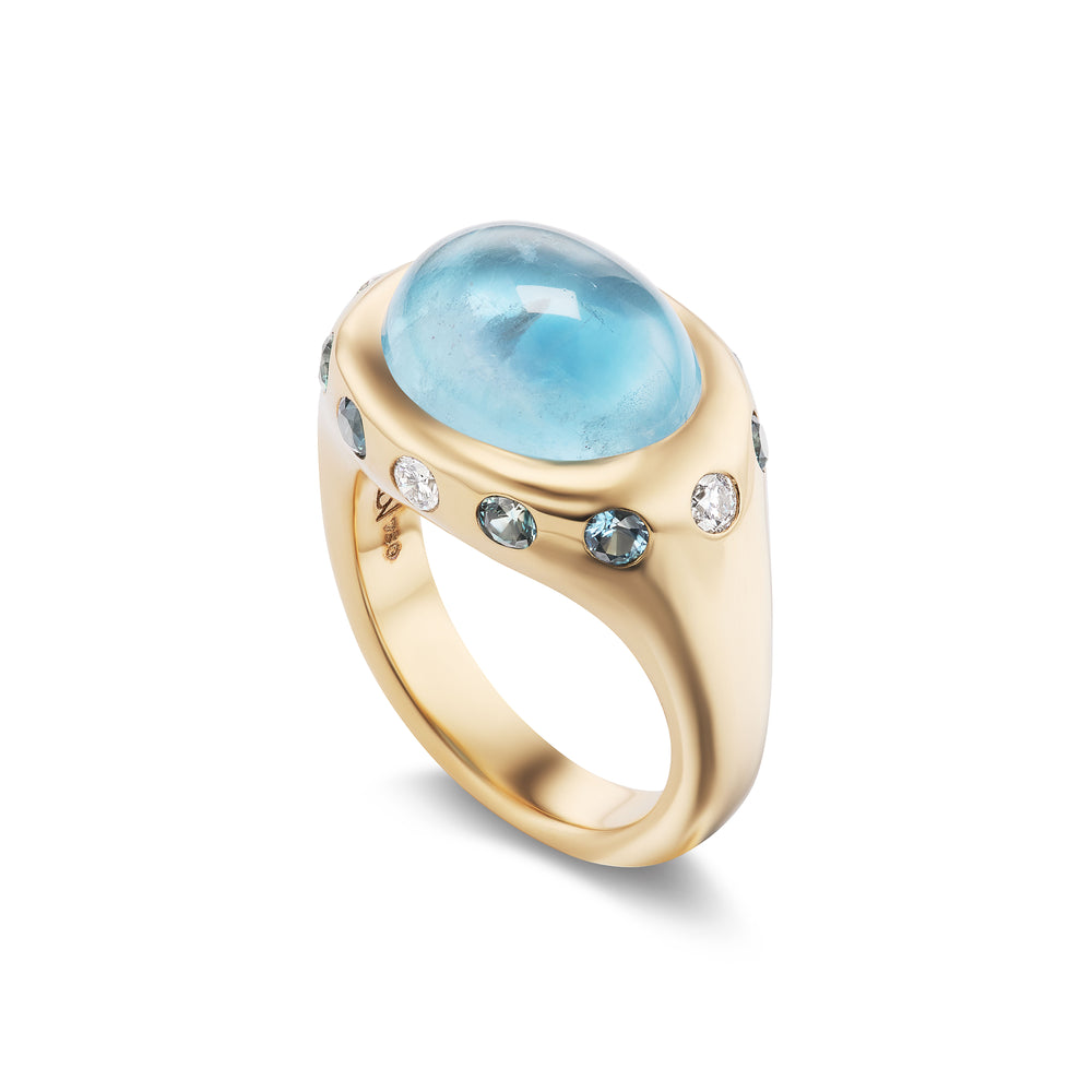 One-of-a-Kind Aquamarine Crown Ring with Round Diamonds and Light Blue Sapphires