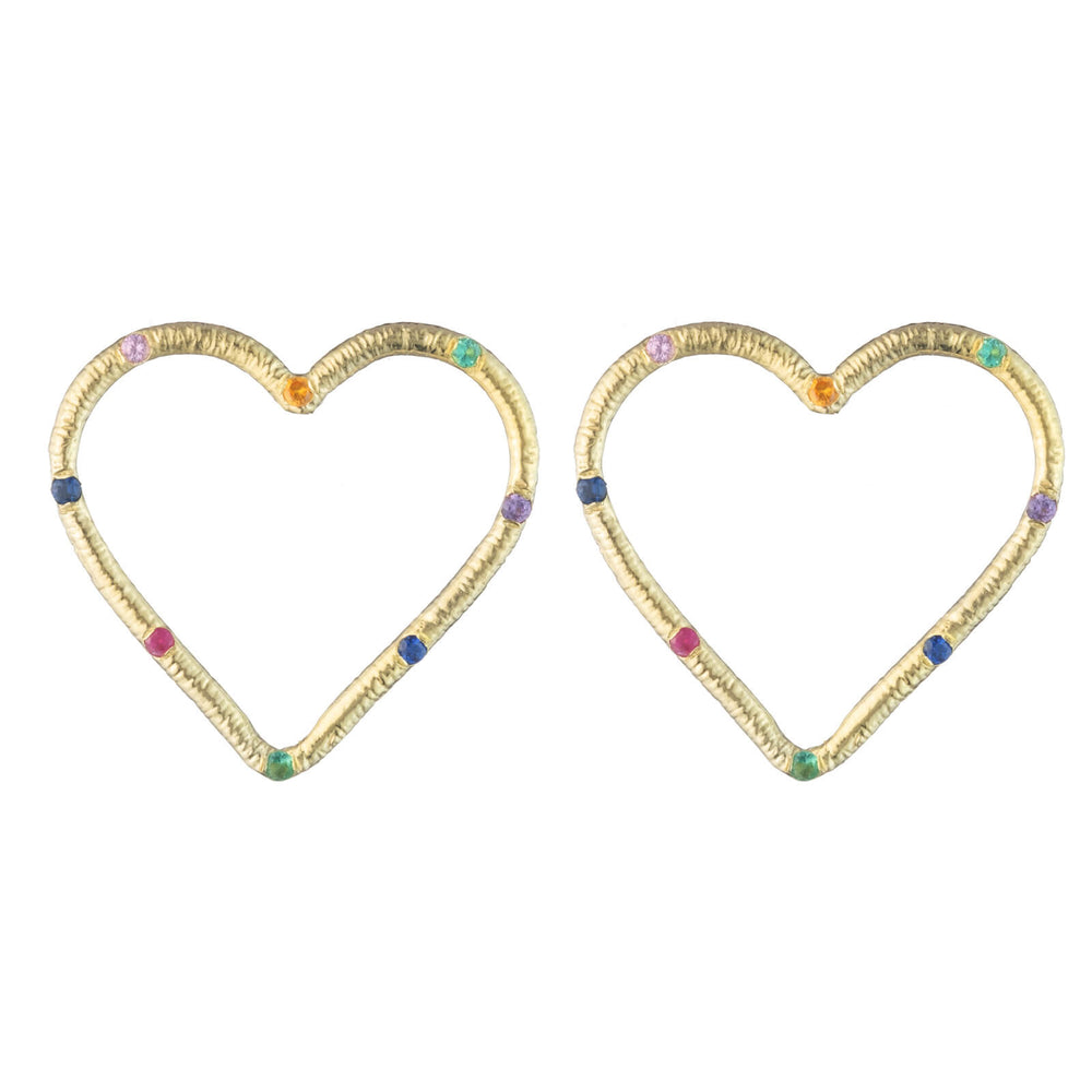 Large Textured Heart Stud Earrings with Precious Gemstones
