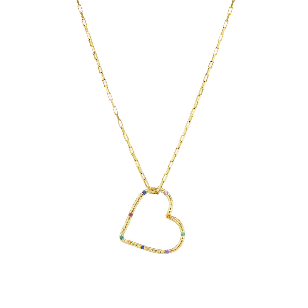 Textured Heart Pendant with Gemstones on 18” Chain