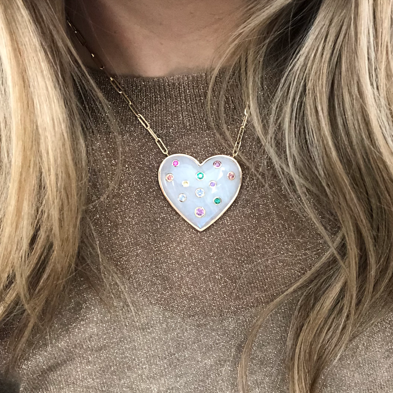 Jumbo Puff Heart Pendant with Precious Stone Insets