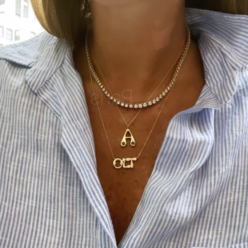Bubble Letter Pendant with Precious Stones on 18" Chain