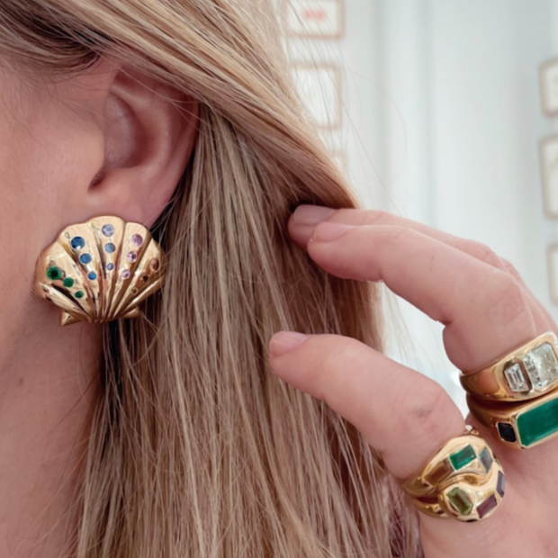 Medium Gold Shell Earrings with Stones
