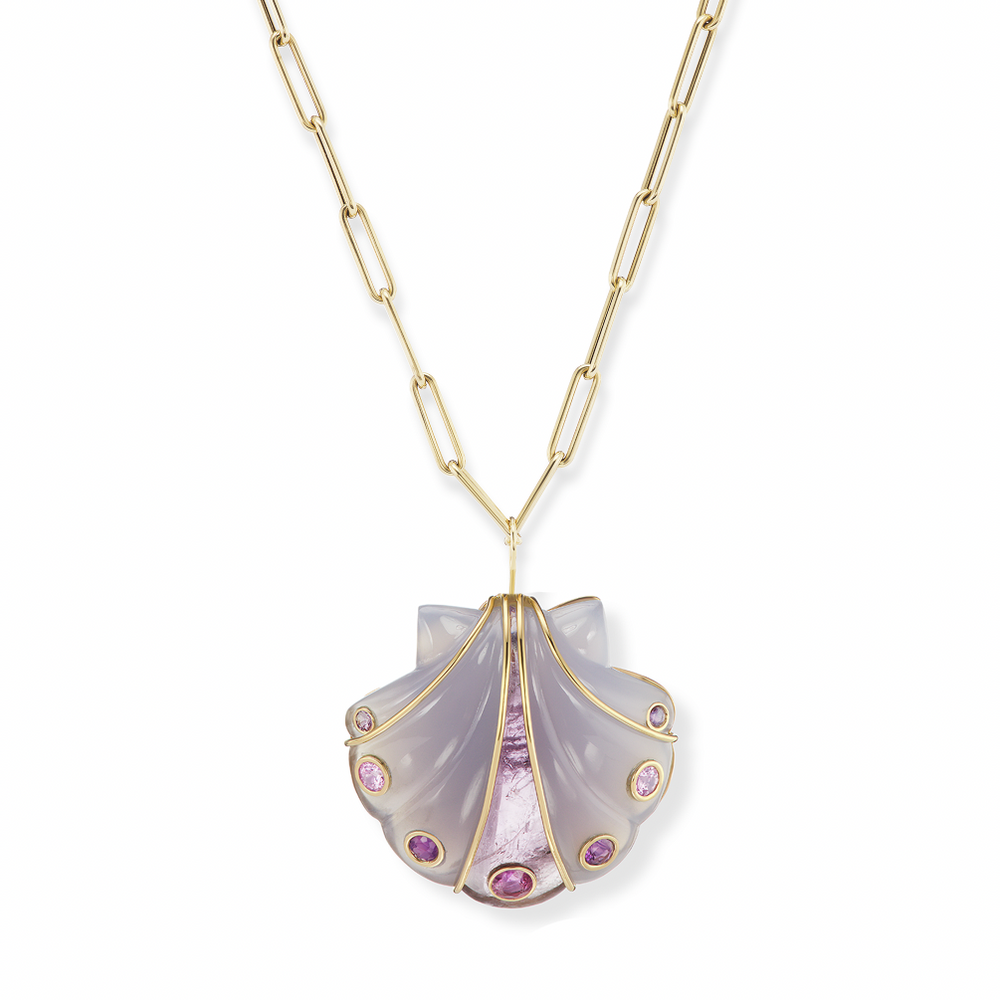 Large Carved Blue Chalcedony & Amethyst Shell Pendant