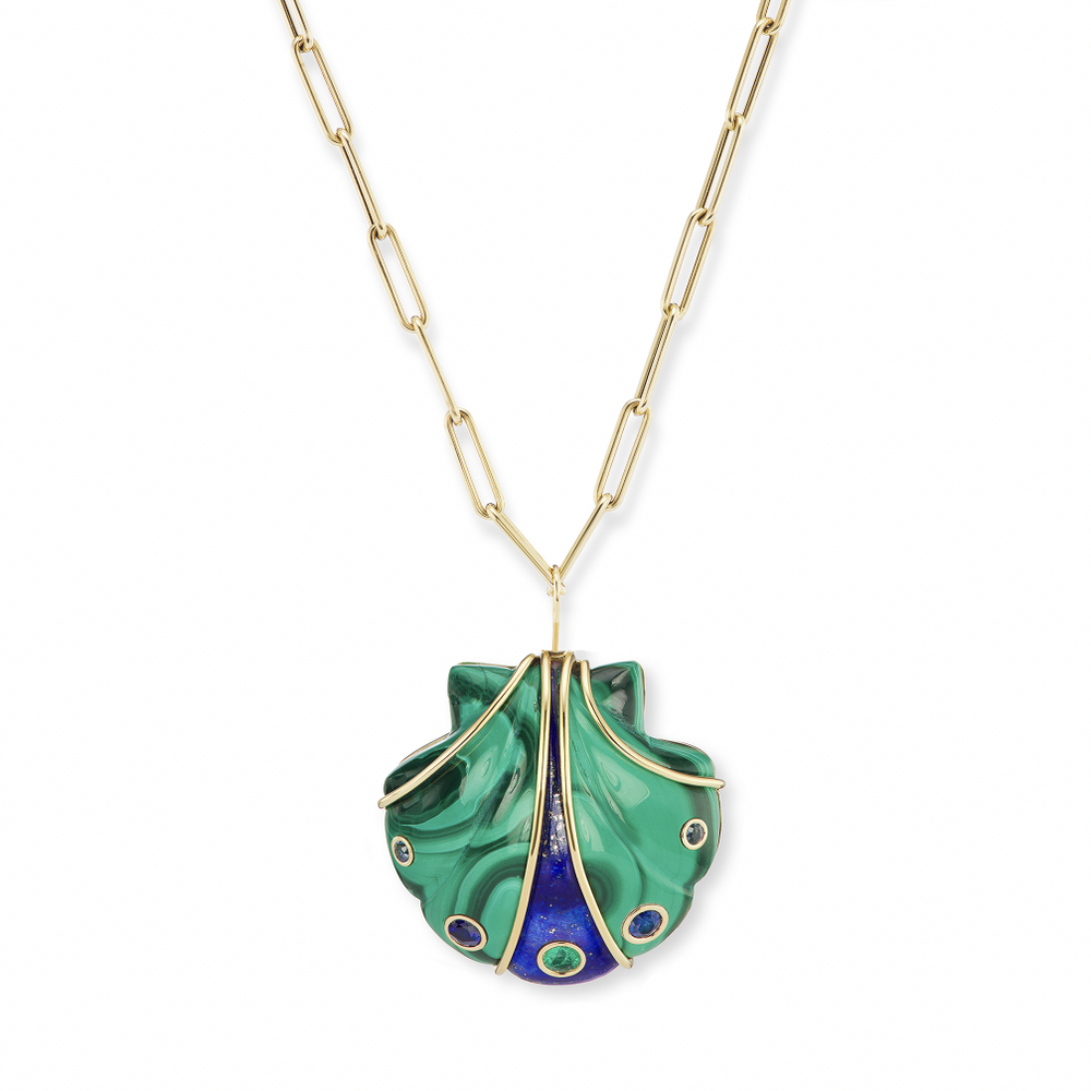Large Carved Malachite & Lapis Shell Pendant