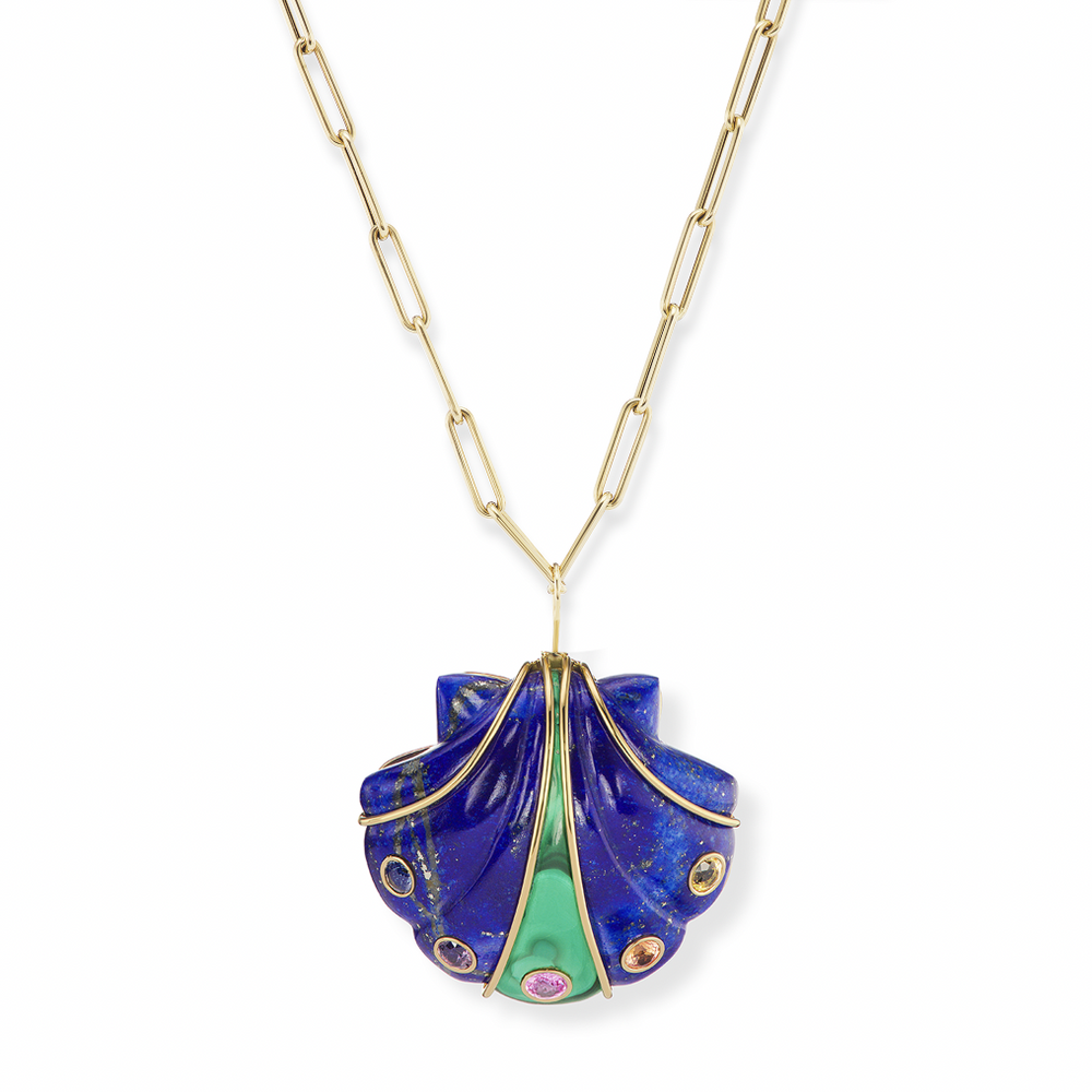Large Carved Lapis & Malachite Shell Pendant