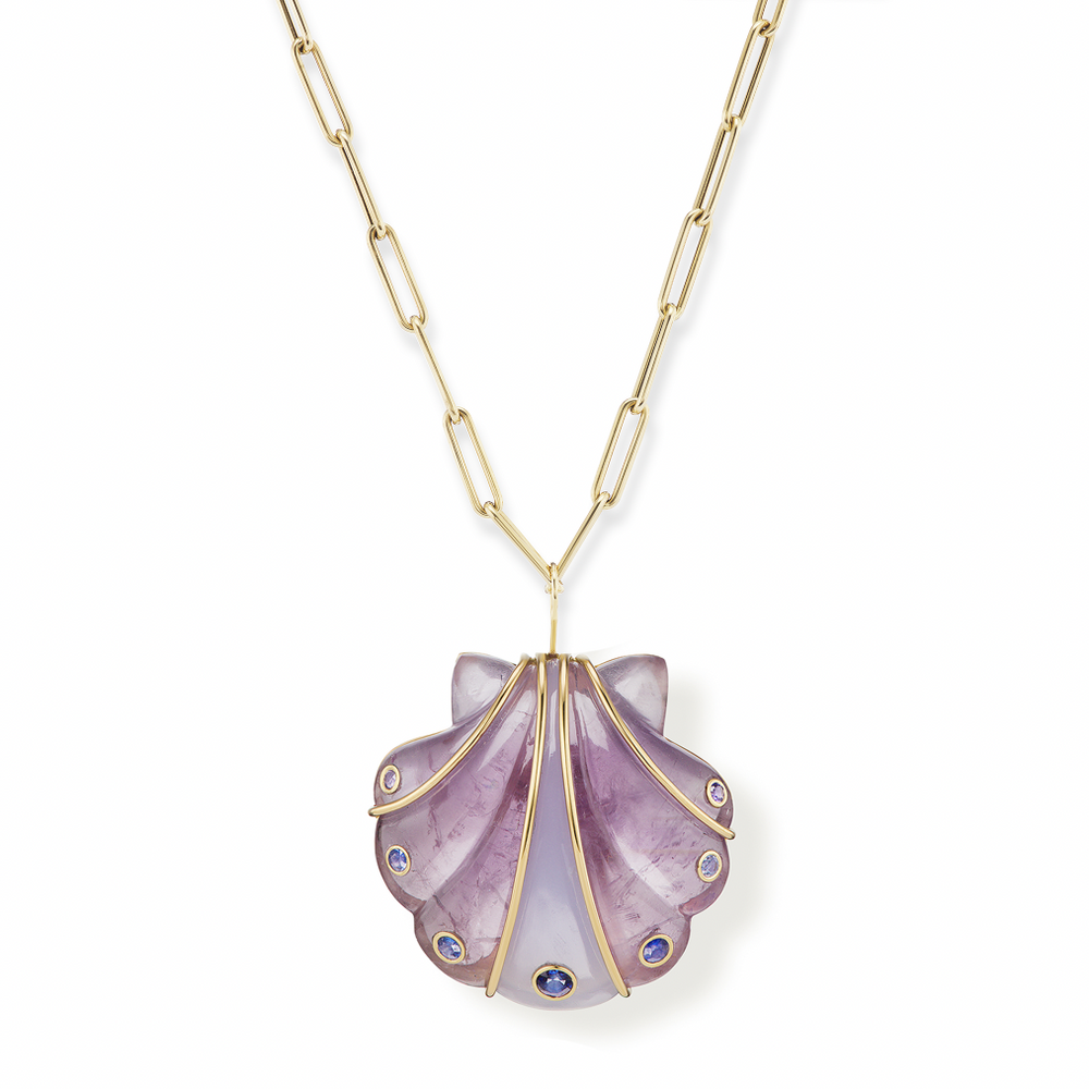 Large Carved Amethyst & Blue Chalcedony Shell Pendant