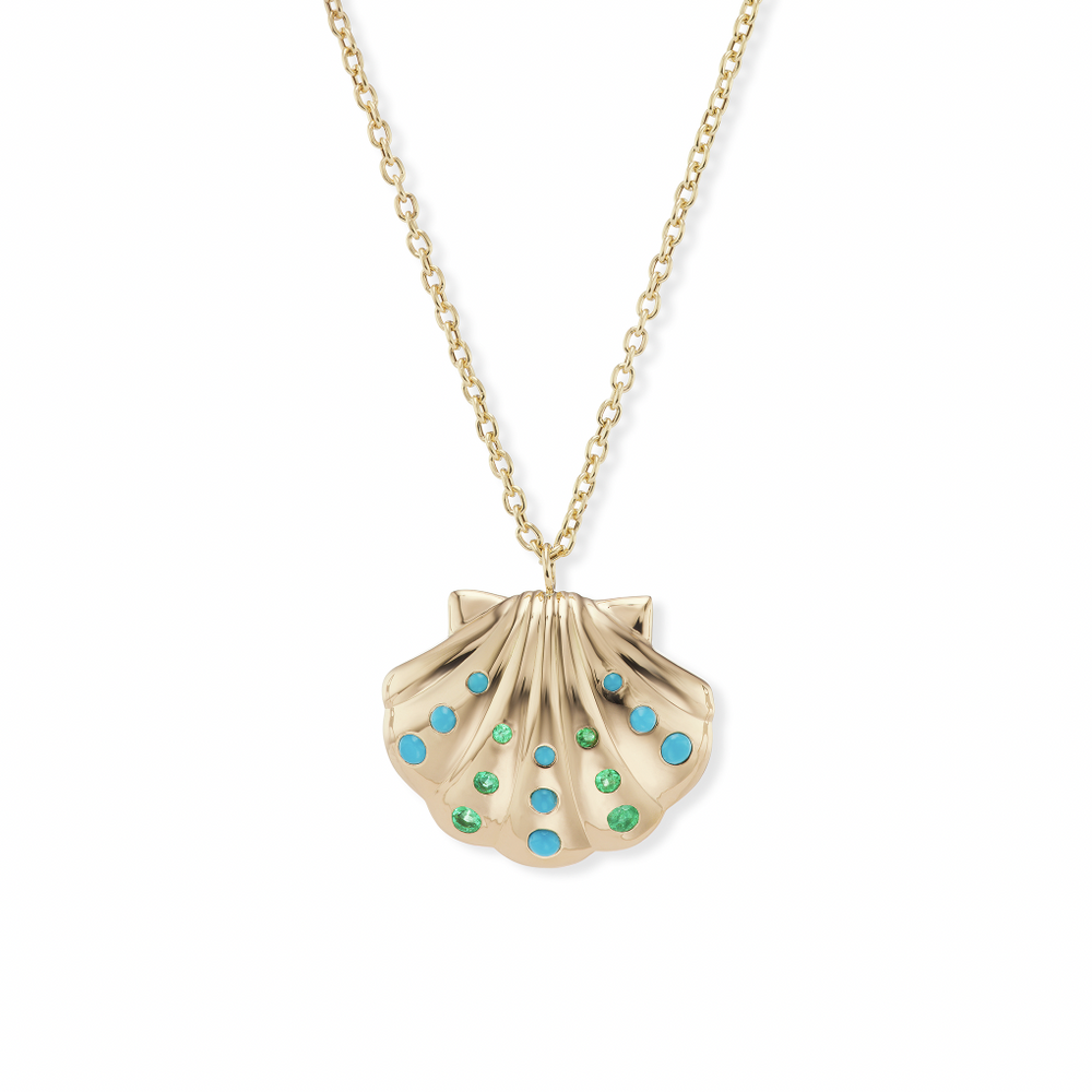 Medium Gold Shell Necklace with Emeralds & Turquoise