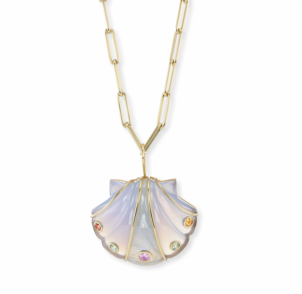 Large Carved Blue Chalcedony & Moonstone Shell Pendant