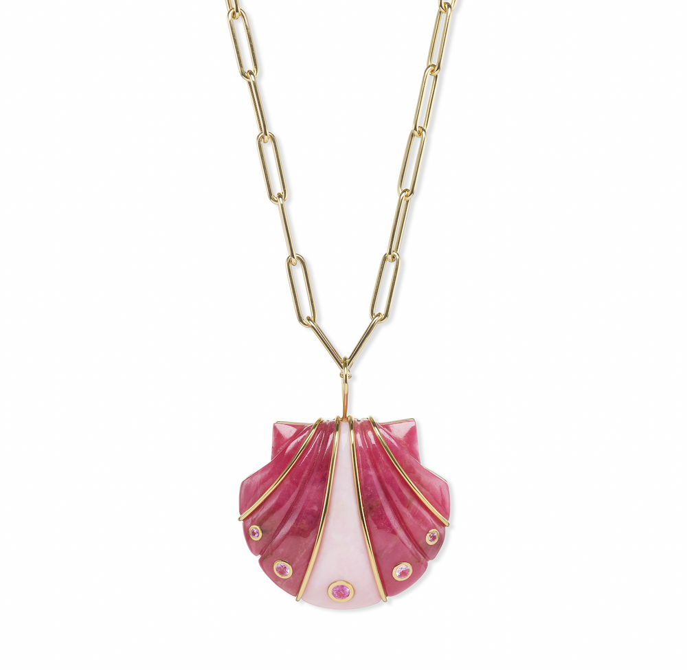 Large Carved Rhodochrosite & Pink Opal Shell Pendant