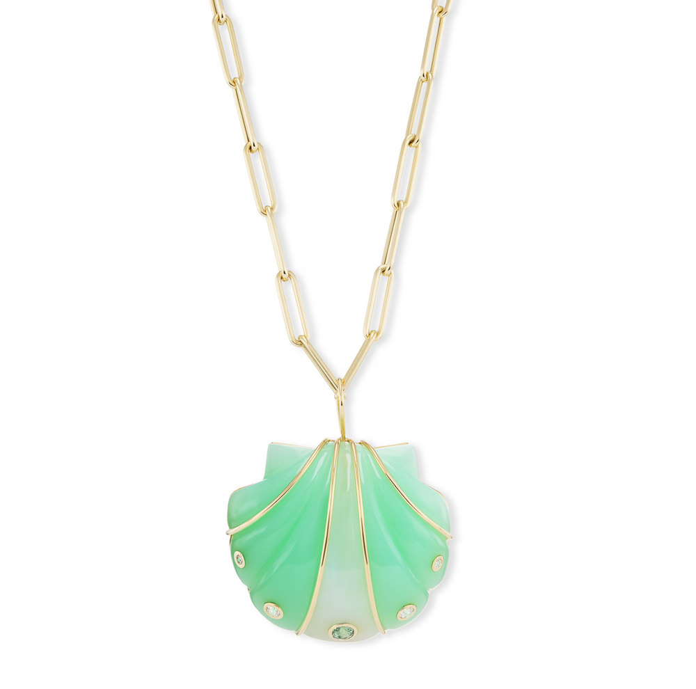 Large Carved Chrysoprase & Moonstone Shell Pendant