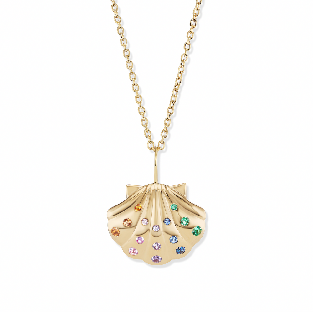 Medium Gold Shell Necklace with Rainbow Sapphires