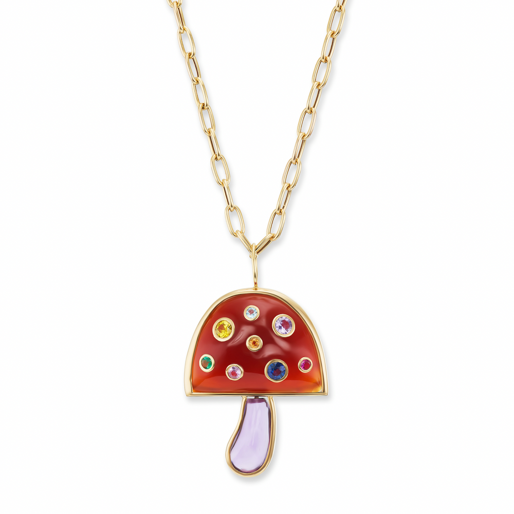 Large Magic Mushroom Pendant with Precious Stones on 18" Chain