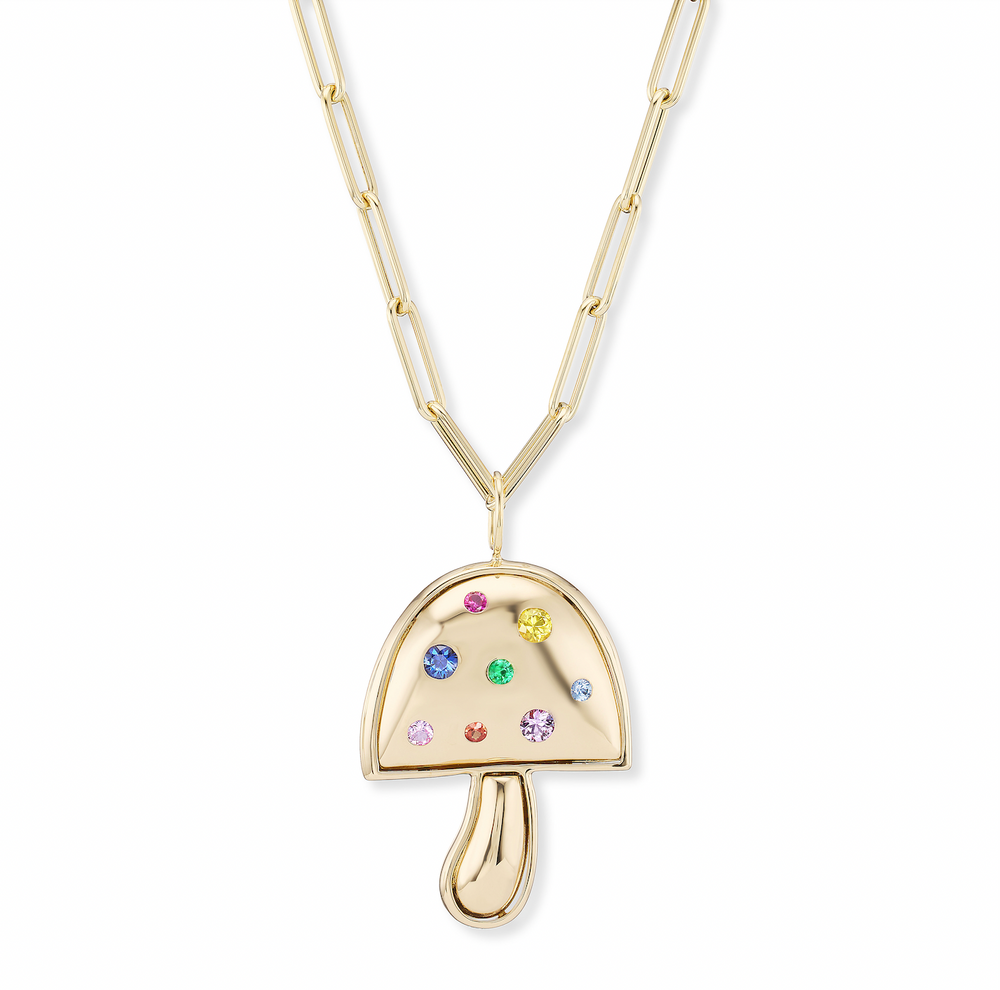 Large Gold Mushroom with Rainbow Sapphires on 32" Chain