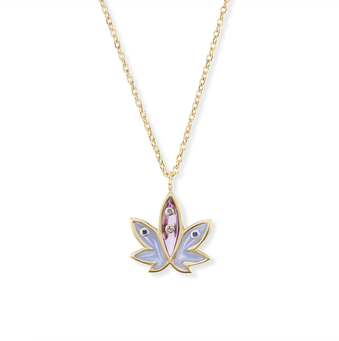 Brent Neale x Edie Parker: Mini Carved Blue Chalcedony & Amethyst Cannabis Pendant