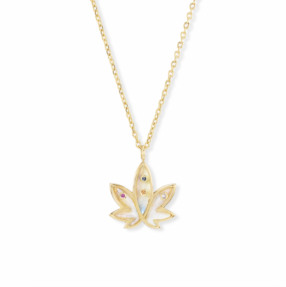 Brent Neale x Edie Parker: Mini Carved Blue Rainbow Moonstone Cannabis Pendant