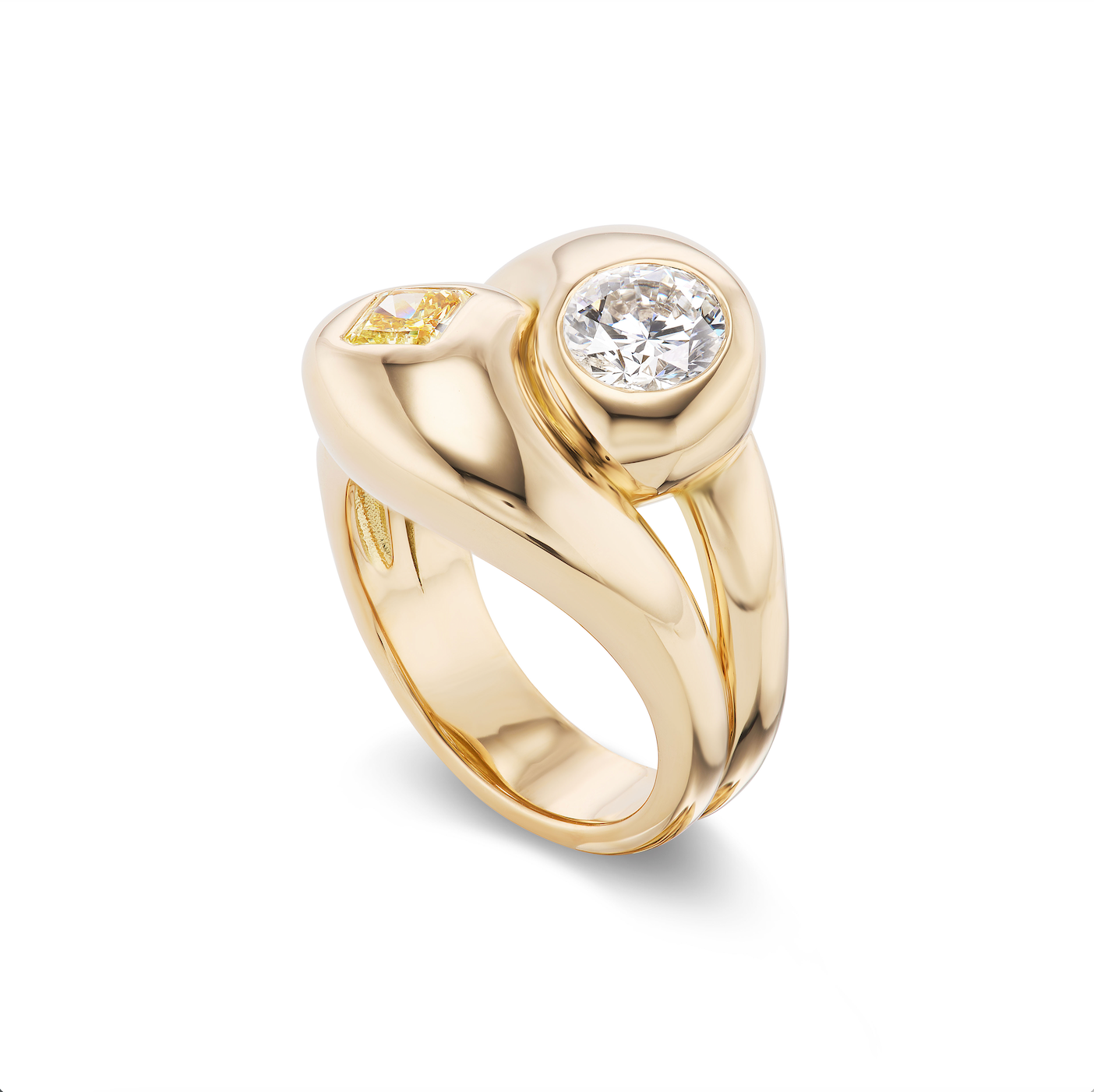 One-of-a-Kind Knot Ring with Yellow Radiant and White Round Diamond