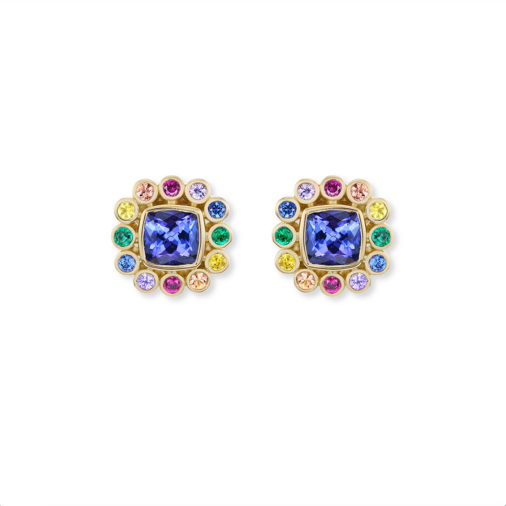 Tanzanite Wildflower Earrings with Rainbow Petals