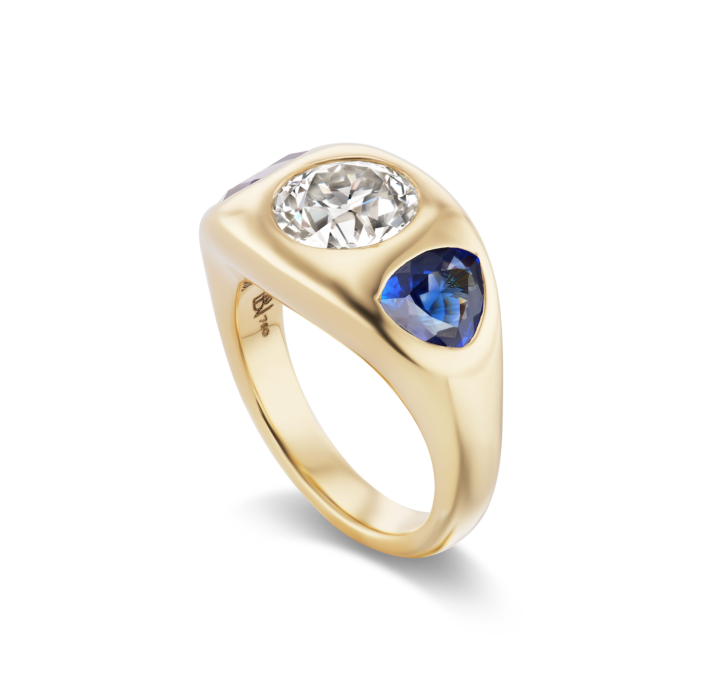 One-of-a-Kind Round Diamond Gypsy with Blue Sapphire Triangle Sides