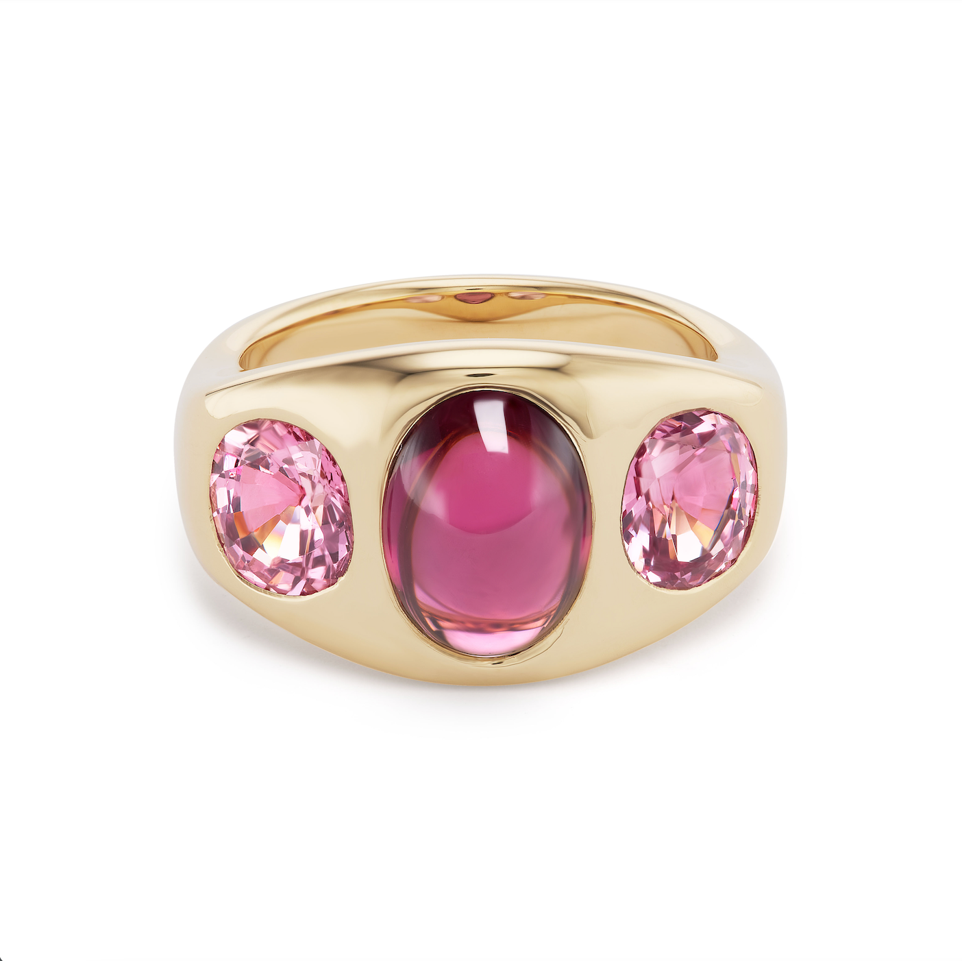 One-of-a-Kind Garnet Cabochon Gypsy with Pink Spinel Sides