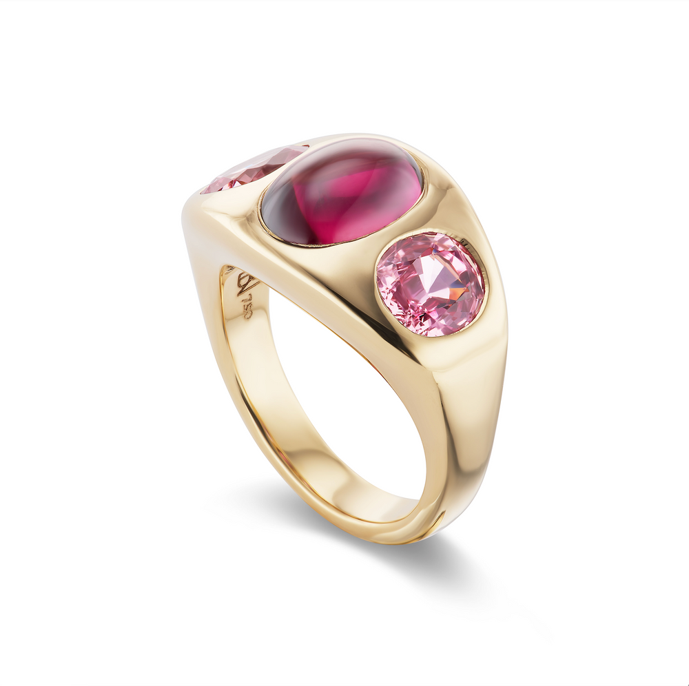 One-of-a-Kind Garnet Cabochon Gypsy with Pink Spinel Sides