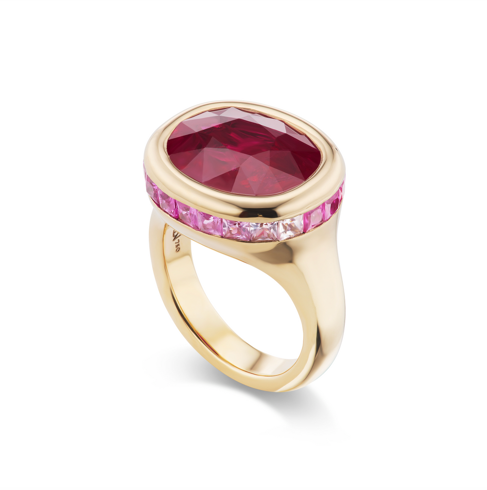 One-of-a-Kind Oval Ruby Crown Ring with Ombre Rubies and Pink Sapphires
