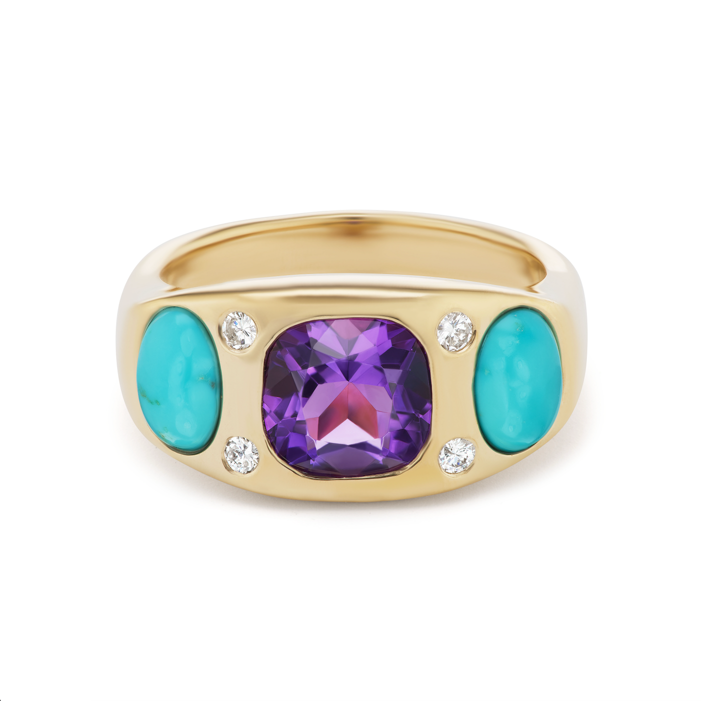 One-of-a-Kind Amethyst Gypsy Ring with Turquoise Cabochons and Diamonds