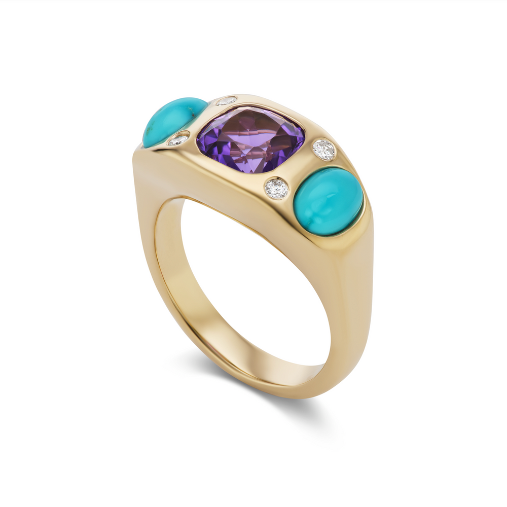 One-of-a-Kind Amethyst Gypsy Ring with Turquoise Cabochons and Diamonds