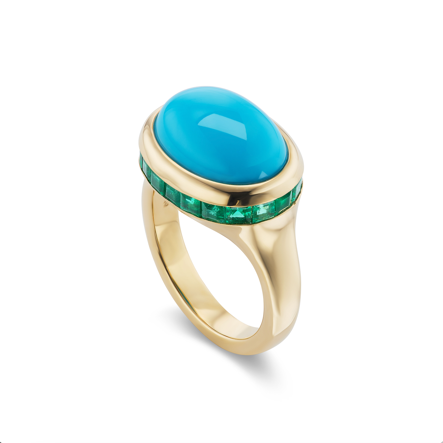 One-of-a-Kind Turquoise Cabochon Ring with Channel-Set Emerald Crown