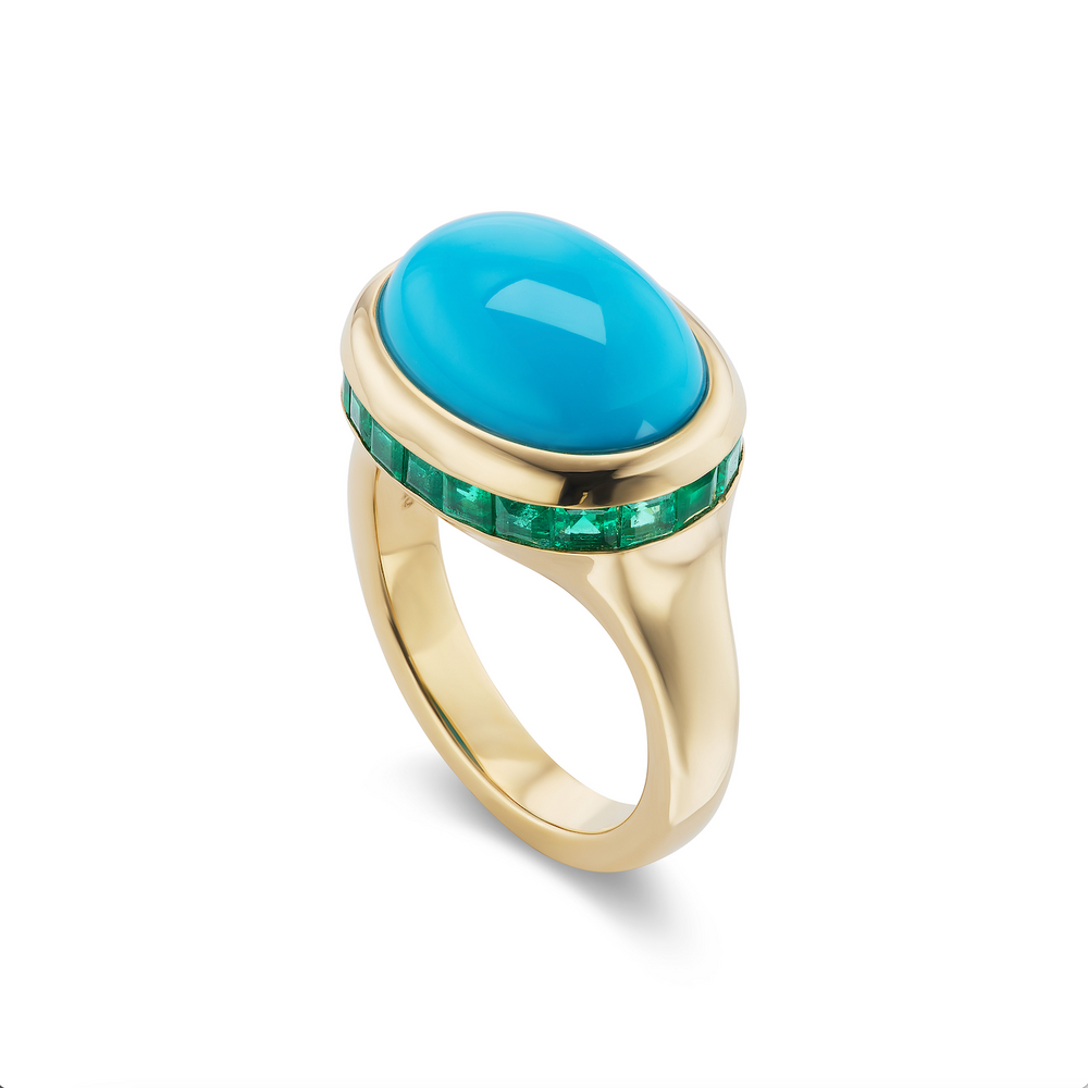 One-of-a-Kind Turquoise Cabochon Ring with Channel-Set Emerald Crown