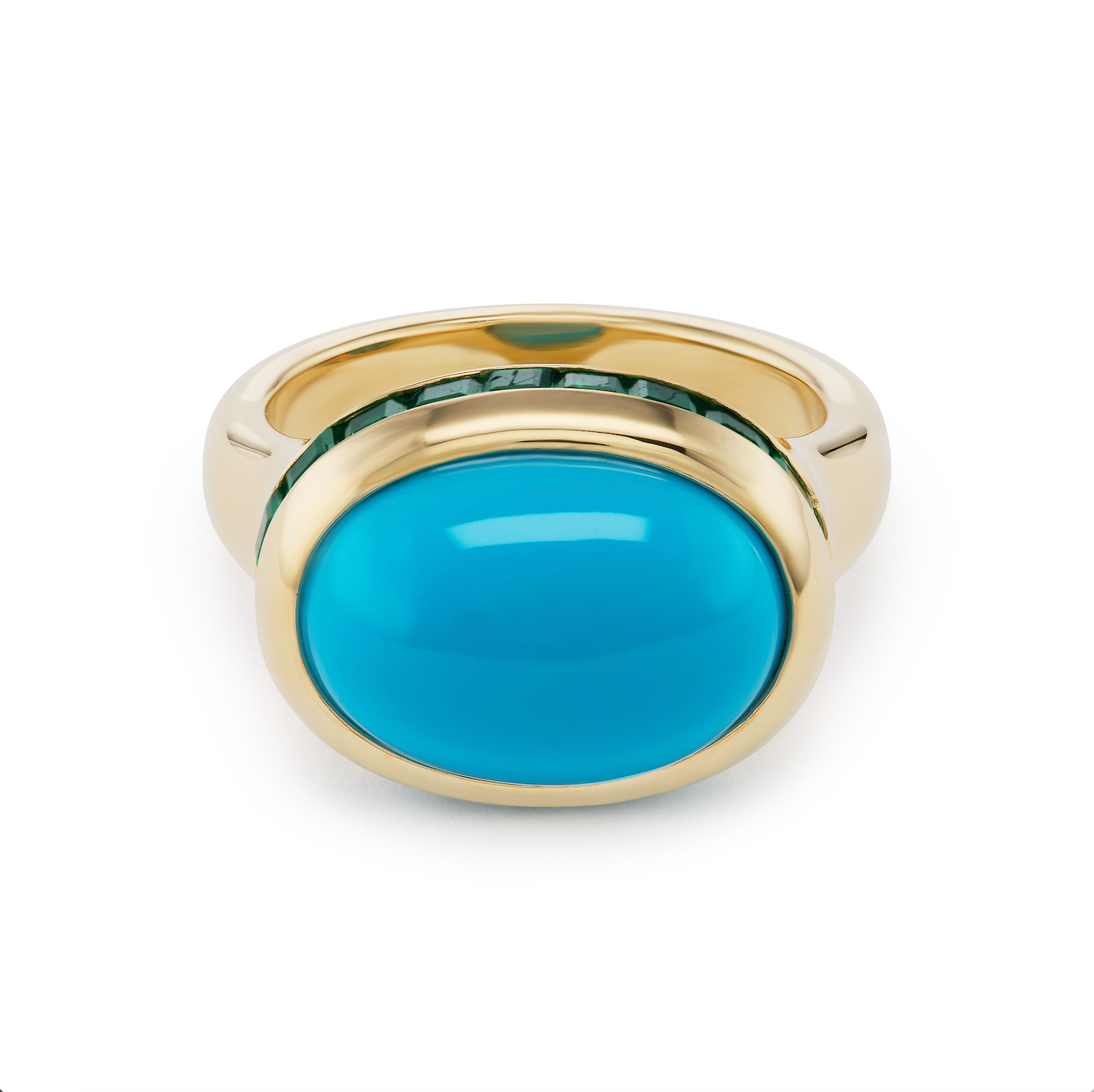 One-of-a-Kind Turquoise Cabochon Ring with Channel-Set Emerald Crown