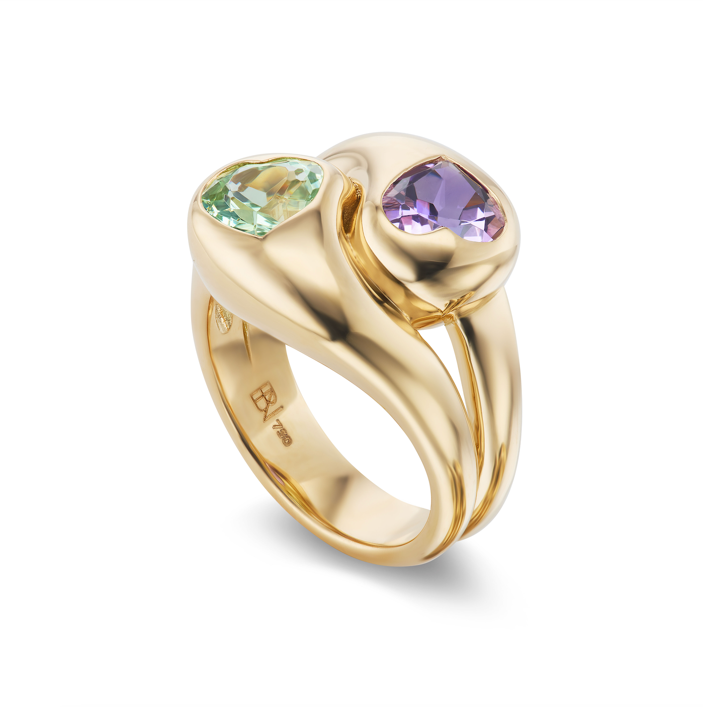 Knot Ring with Amethyst and Tsavorite Hearts