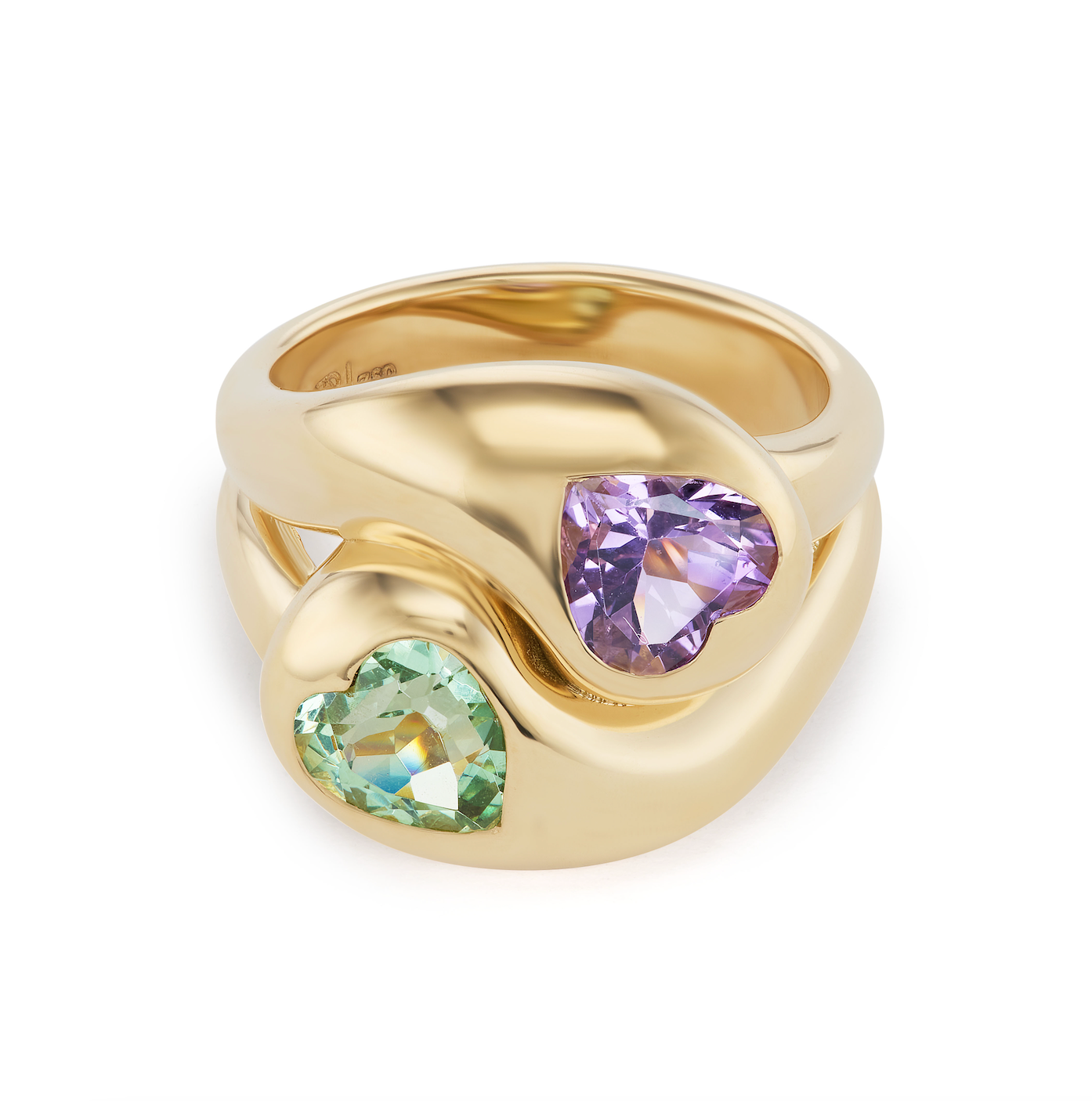 Knot Ring with Amethyst and Tsavorite Hearts