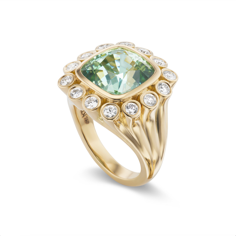 One-of-a-Kind Mint Tourmaline Wildflower Gypsy Ring with Diamond Petals