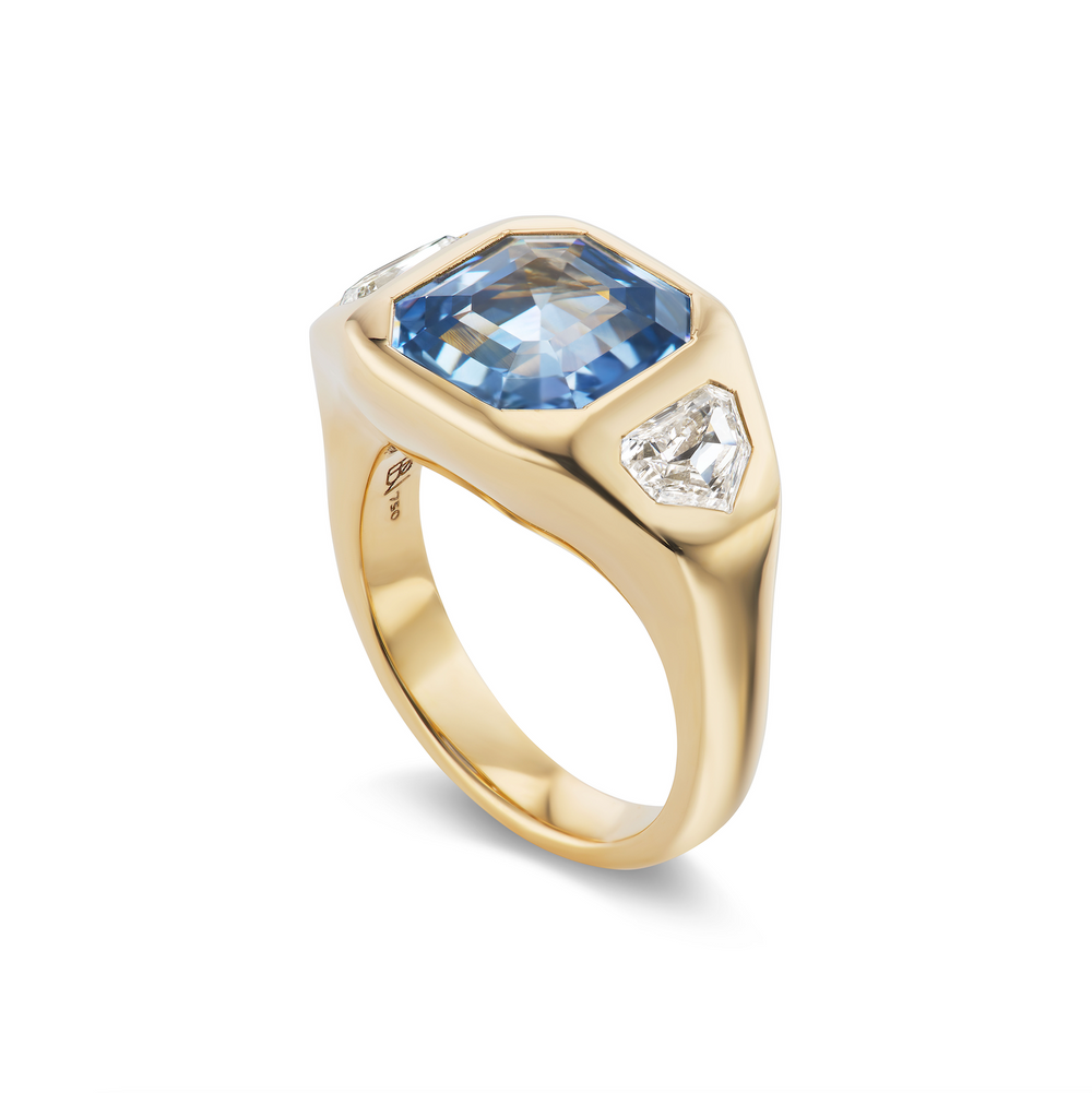 One-of-a-Kind Light Blue Asscher-Cut Sapphire Gypsy with Cadillac Diamond Sides
