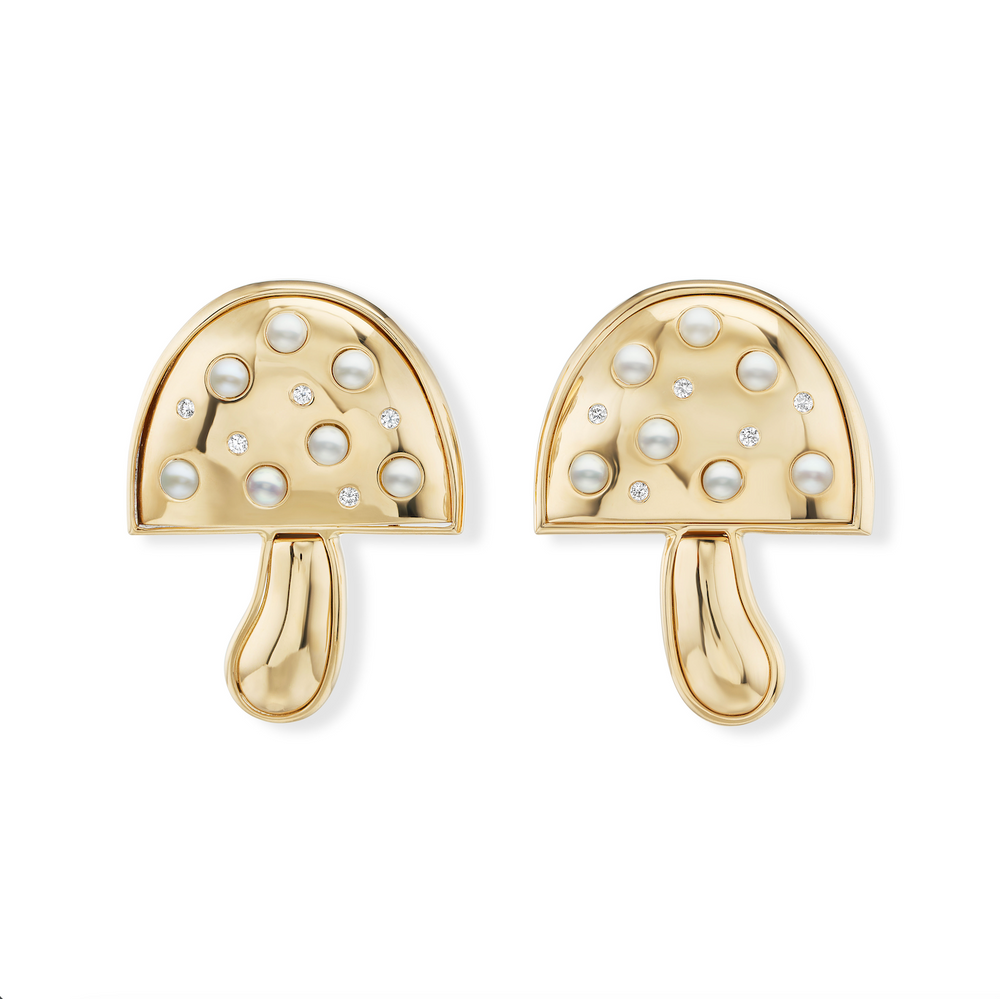 Large Magic Mushroom Earrings with Diamonds & Pearls