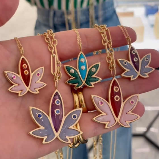 Brent Neale x Edie Parker: Mini Carved Malachite & Turquoise Cannabis Pendant