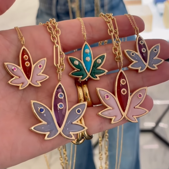 Brent Neale x Edie Parker: Mini Carved Blue Rainbow Moonstone Cannabis Pendant