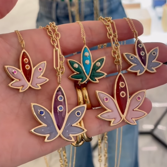 Brent Neale x Edie Parker: Mini Carved Blue Chalcedony & Amethyst Cannabis Pendant