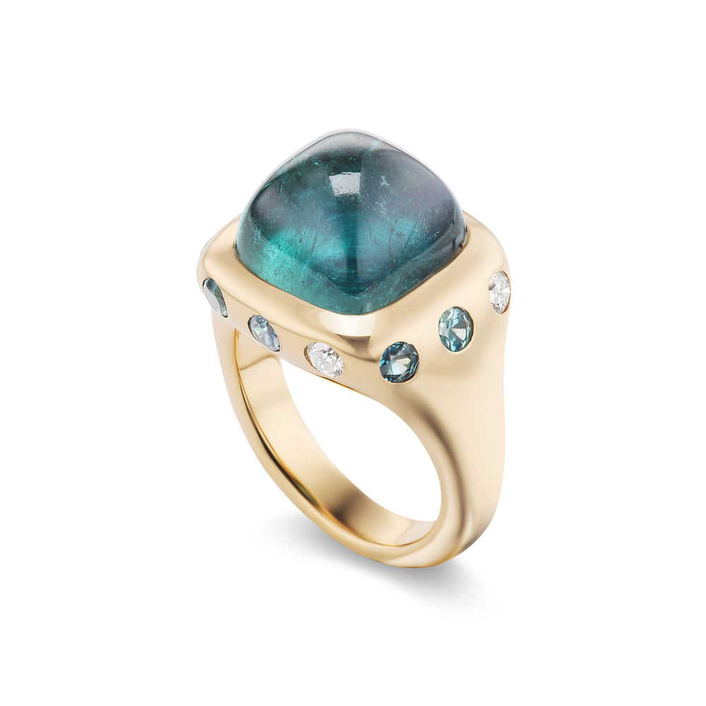 One-of-a-Kind Blue/Green Tourmaline Crown Ring with Sapphires