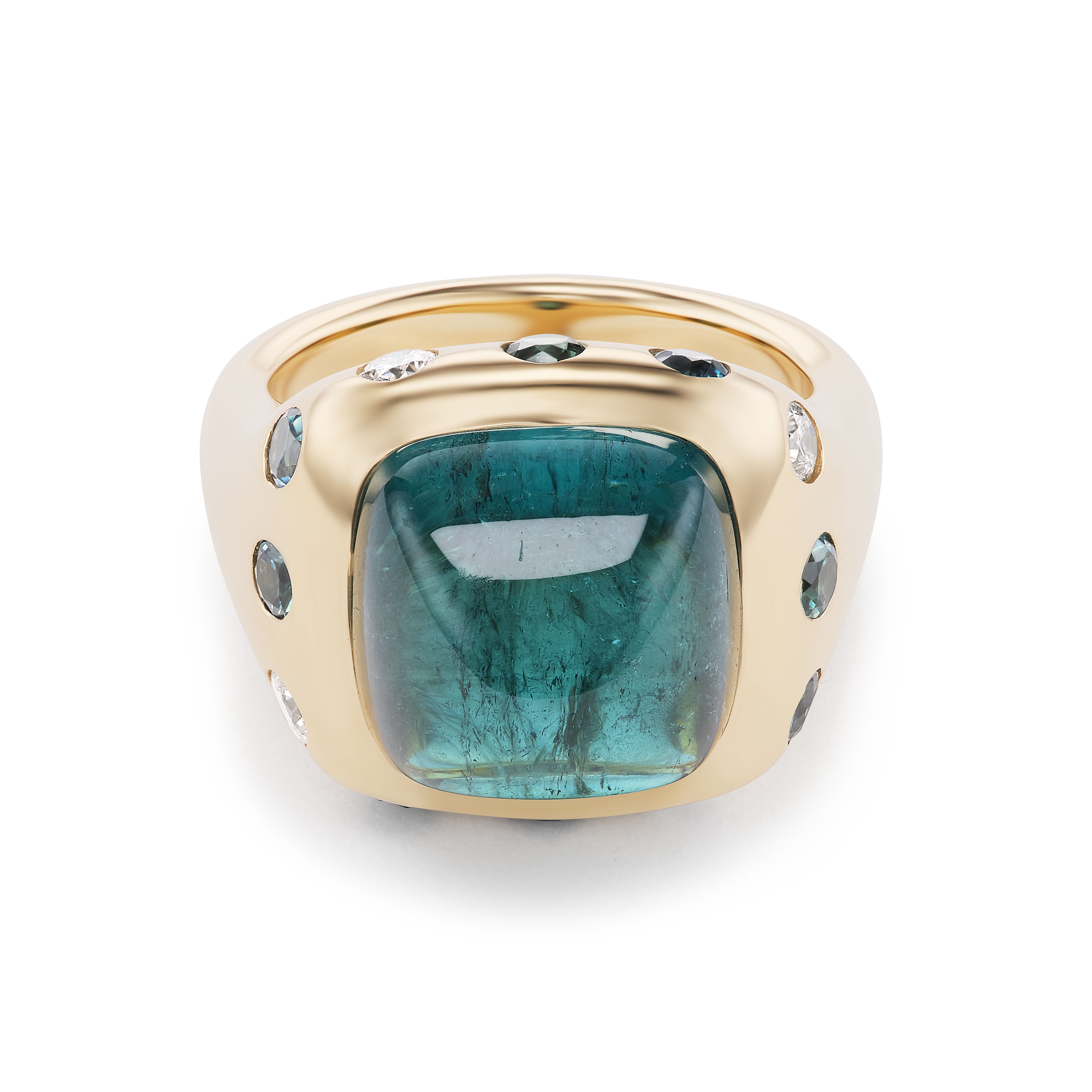 One-of-a-Kind Blue/Green Tourmaline Crown Ring with Sapphires
