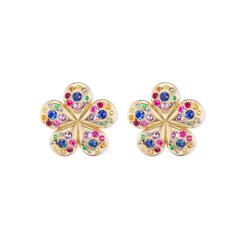 Medium Petal Flower Earrings with Rainbow Sapphire & Emerald