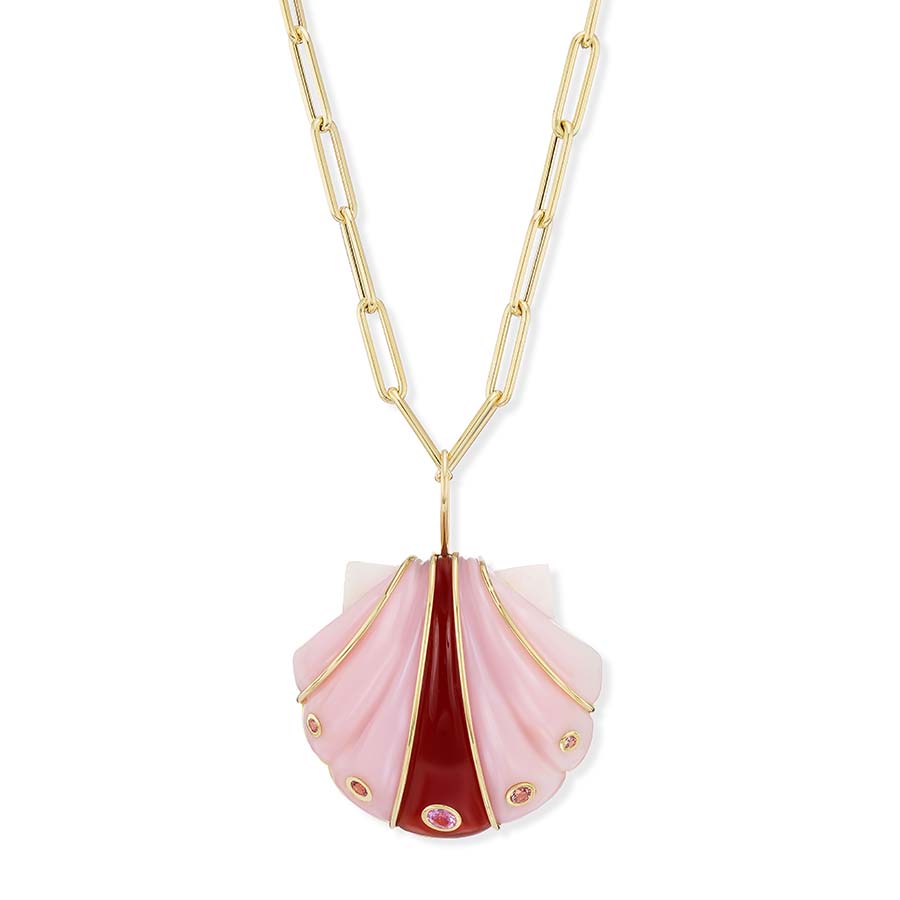 Large Carved Pink Opal & Carnelian Shell Pendant