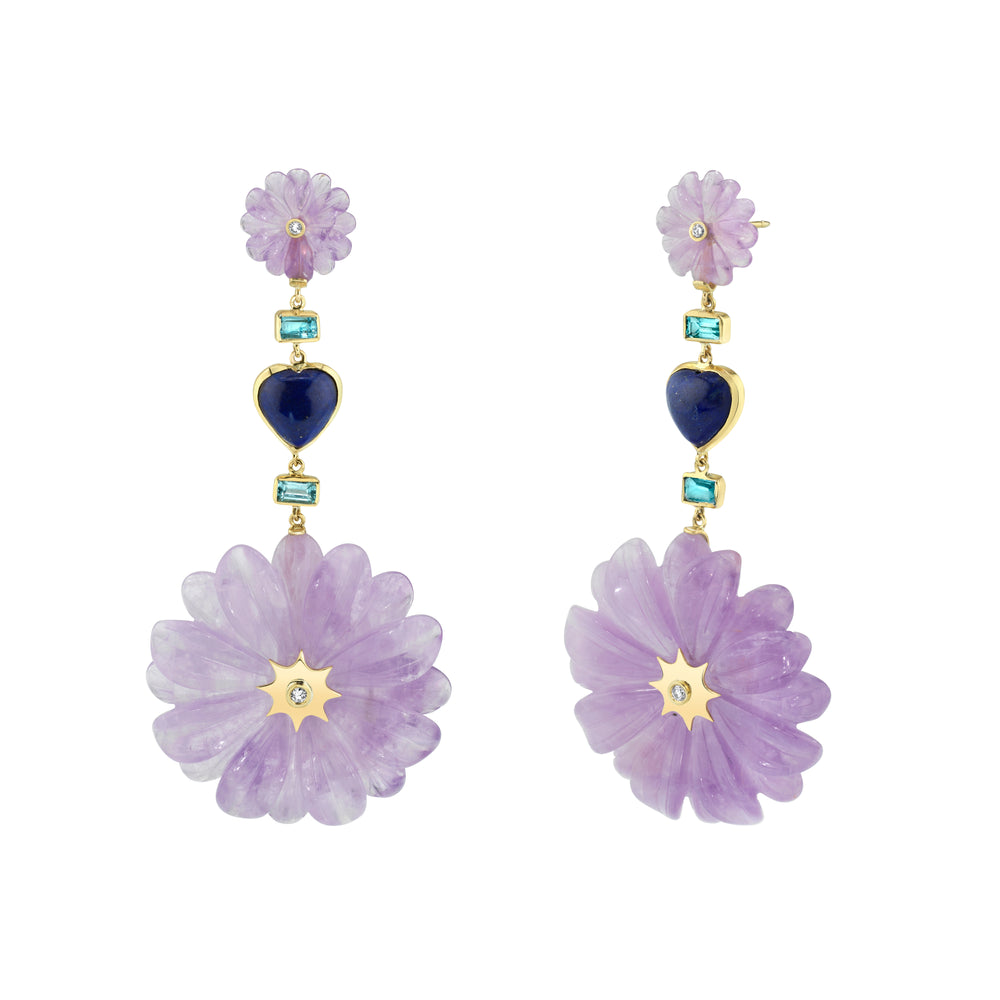 Double Amethyst Wildflower & Heart Drop Earrings
