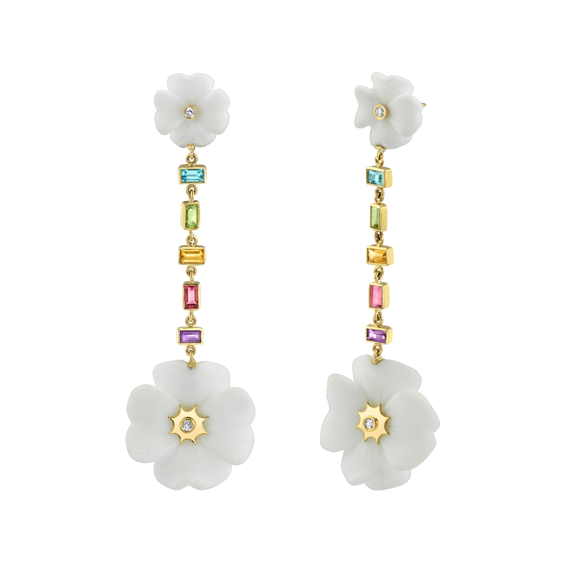 Double Clover Rainbow Gemstone Drop Earrings