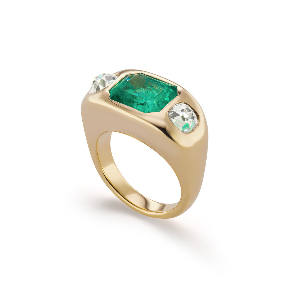 One-of-a-Kind Emerald and European-cut Diamond Gypsy Ring